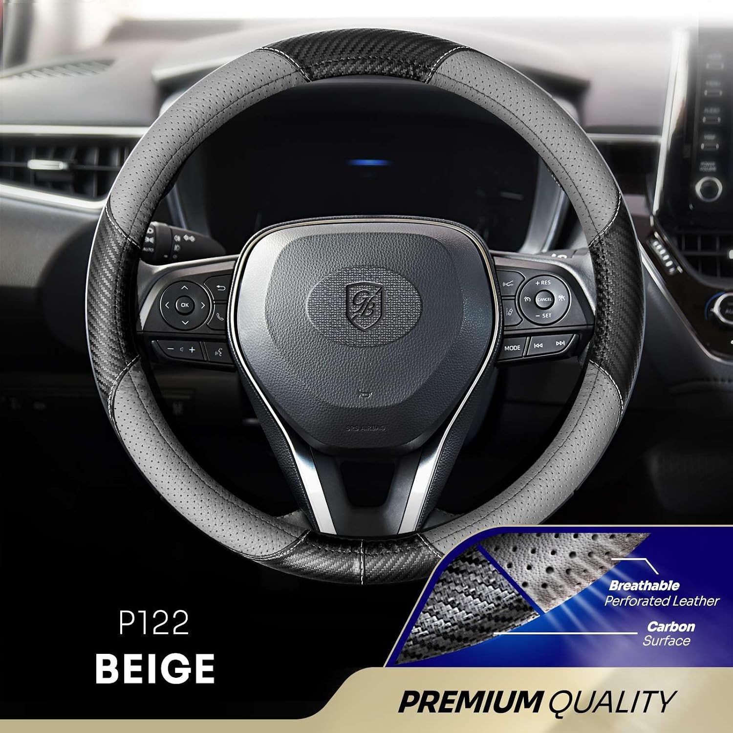 P122 Car Steering Wheel Cover, Breathable Premium Perforated Leather & Carbon Design, Anti-Slip, Universal Fit 14.5-15 inches