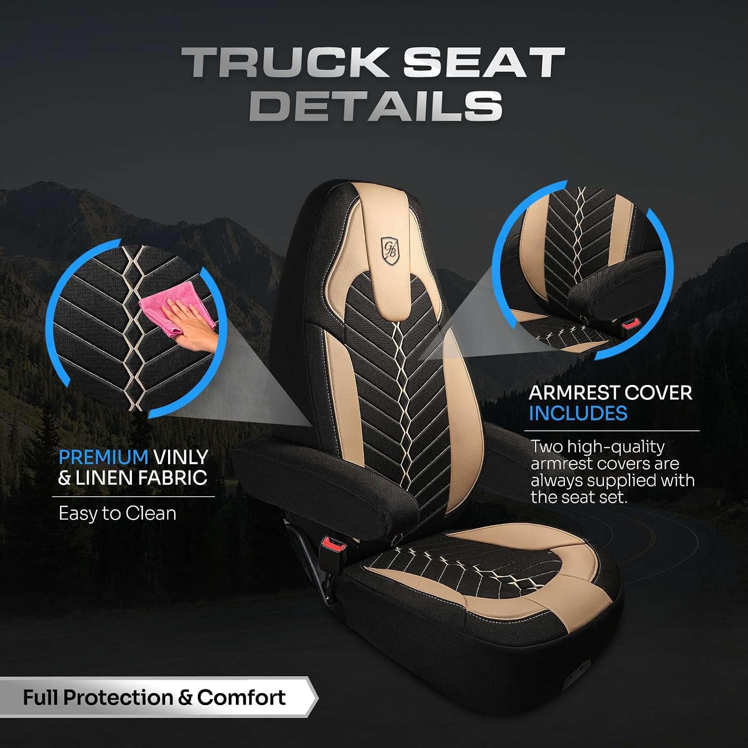 Custom Fit Truck Seat Cover for Peterbilt 579, 567, Linen Fabric, Includes Armrest Covers and Assebly Tool