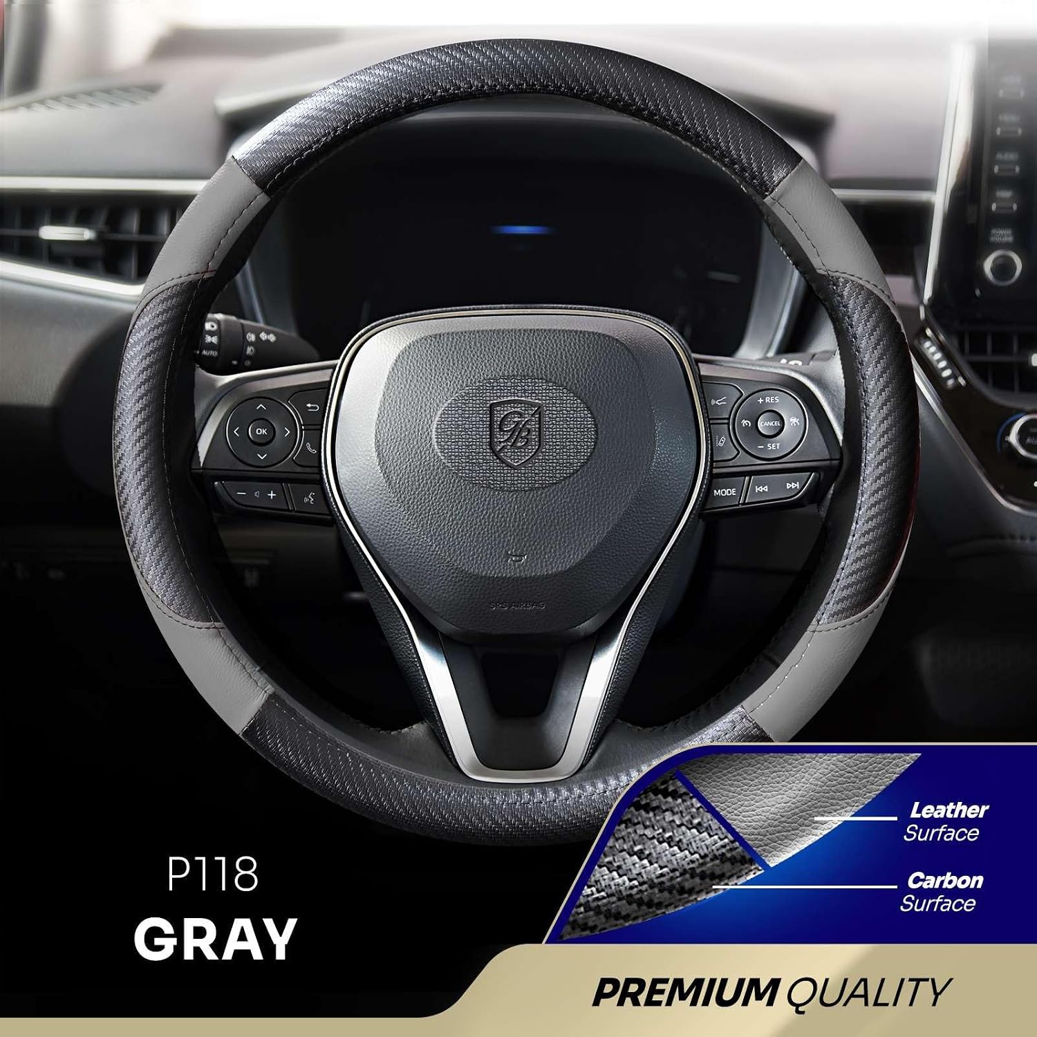 P118 Car Steering Wheel Cover, Breathable Premium Leather & Carbon Design, Anti-Slip, Universal Fit 14.5-15 inches