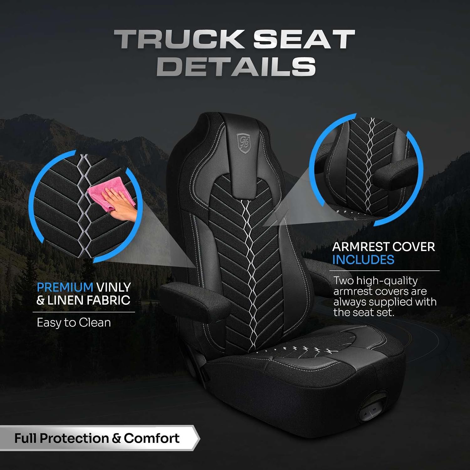 Custom Fit Truck Seat Cover for Kenworth T680, T880, W990, Linen Fabric, Includes Armrest Covers and Assebly Tool