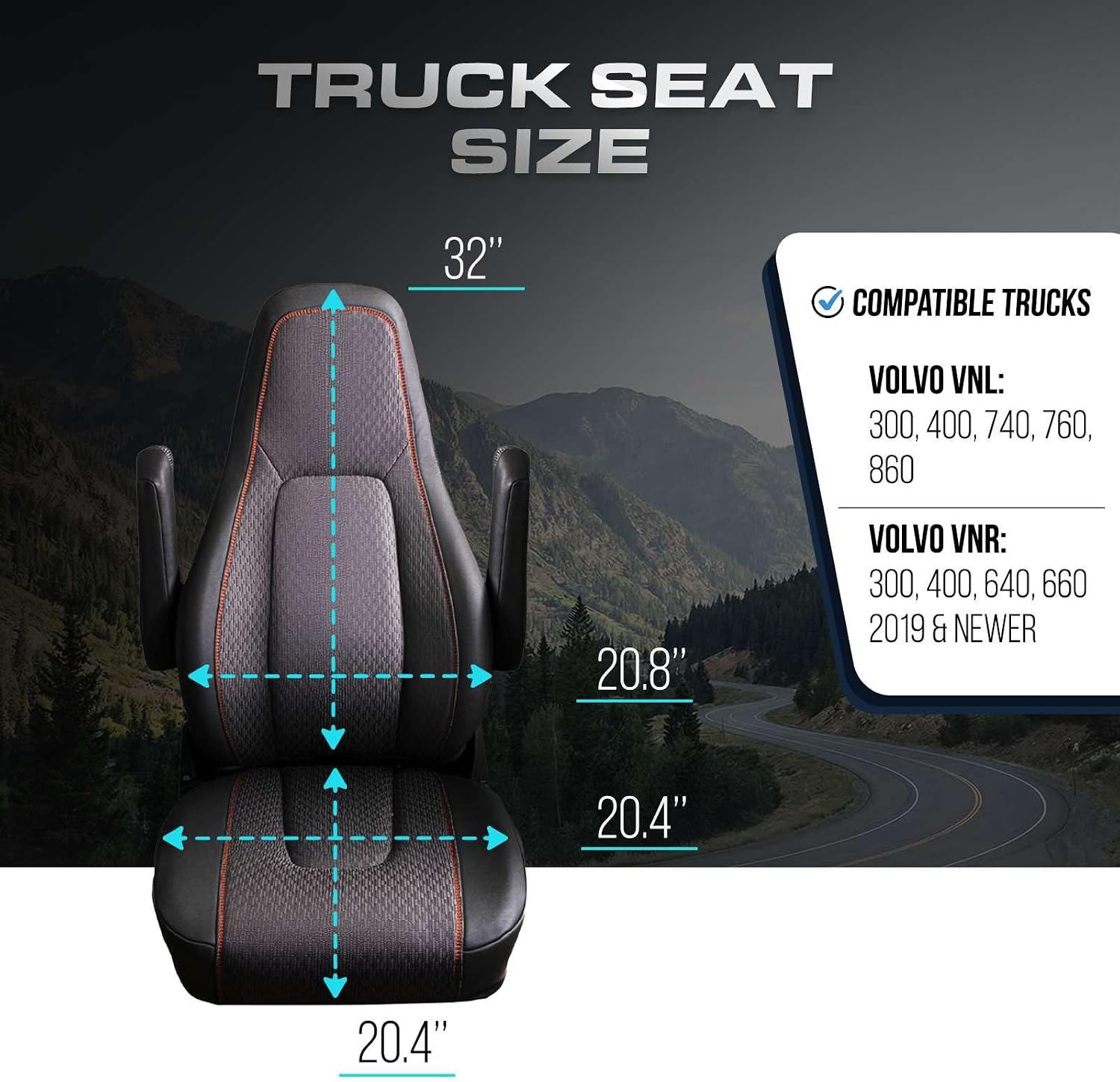 Custom Fit Truck Seat Cover for Volvo VNL 300 400 740 760 860 & VNR 300 400 640 660 (2019-2025), Vinyl Fabric, Includes Armrest Covers and Assebly Tool