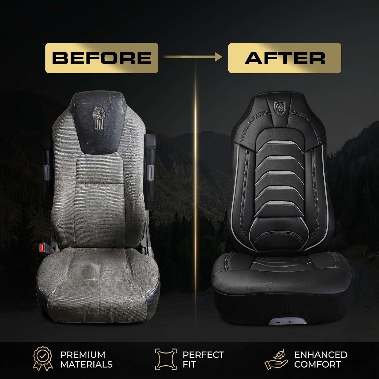 Custom Fit Truck Seat Cover for Kenworth T680, T880, W990, Premium Vinyl Fabric, Includes Armrest Covers and Assebly Tool