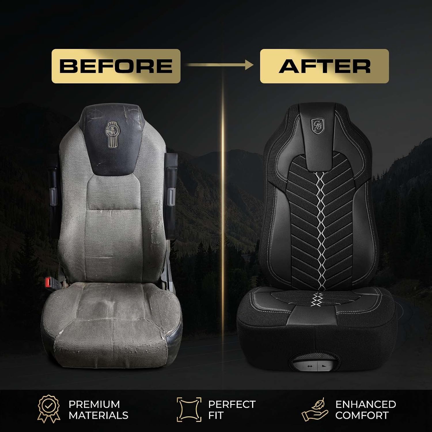Custom Fit Truck Seat Cover for Kenworth T680, T880, W990, Linen Fabric, Includes Armrest Covers and Assebly Tool