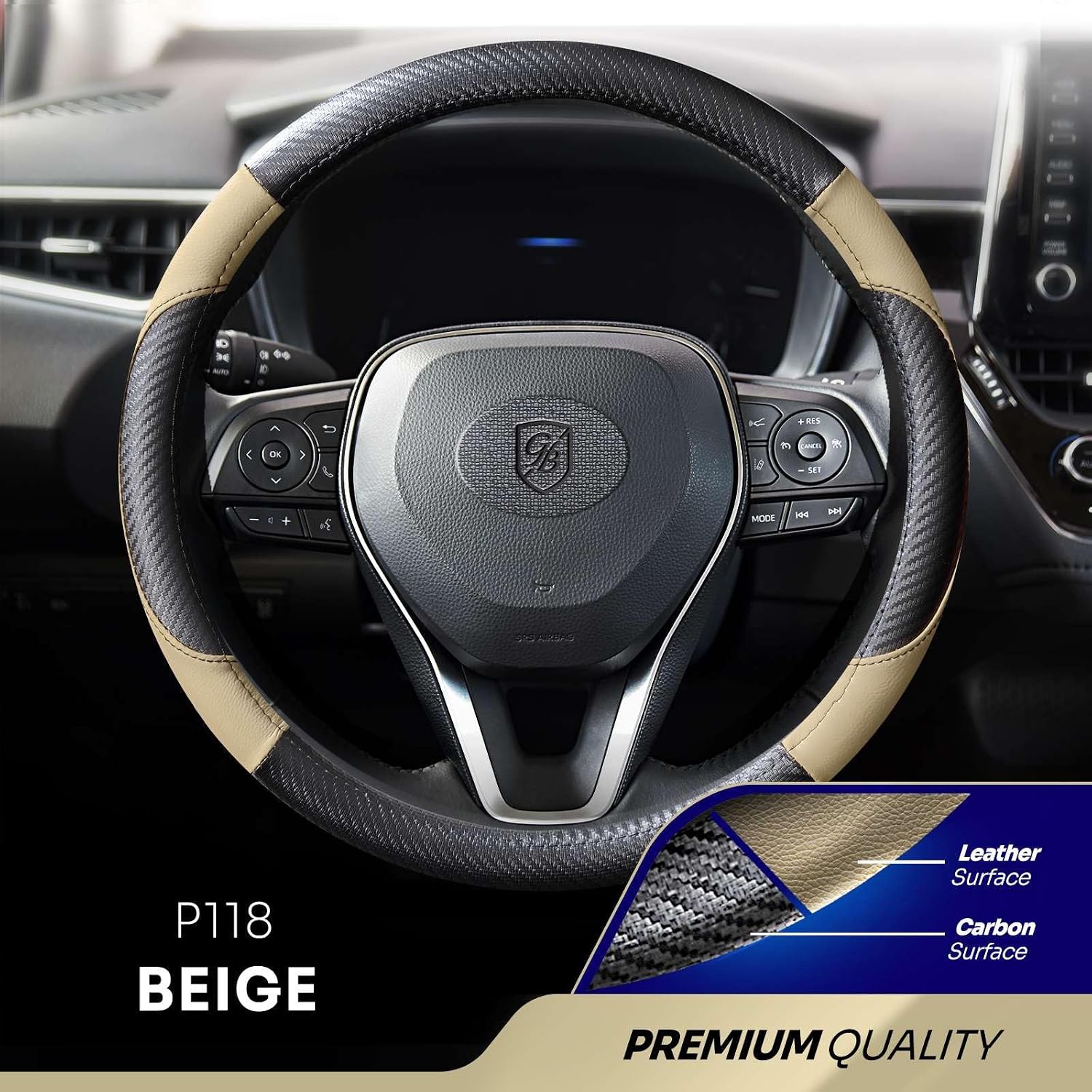 P118 Car Steering Wheel Cover, Breathable Premium Leather & Carbon Design, Anti-Slip, Universal Fit 14.5-15 inches
