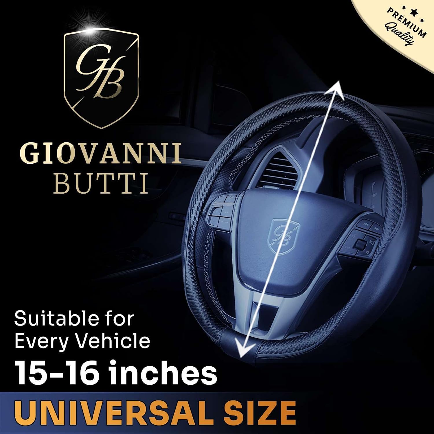 P122 Car Steering Wheel Cover, Breathable Premium Perforated Leather & Carbon Design, Anti-Slip, Universal Fit 14.5-15 inches