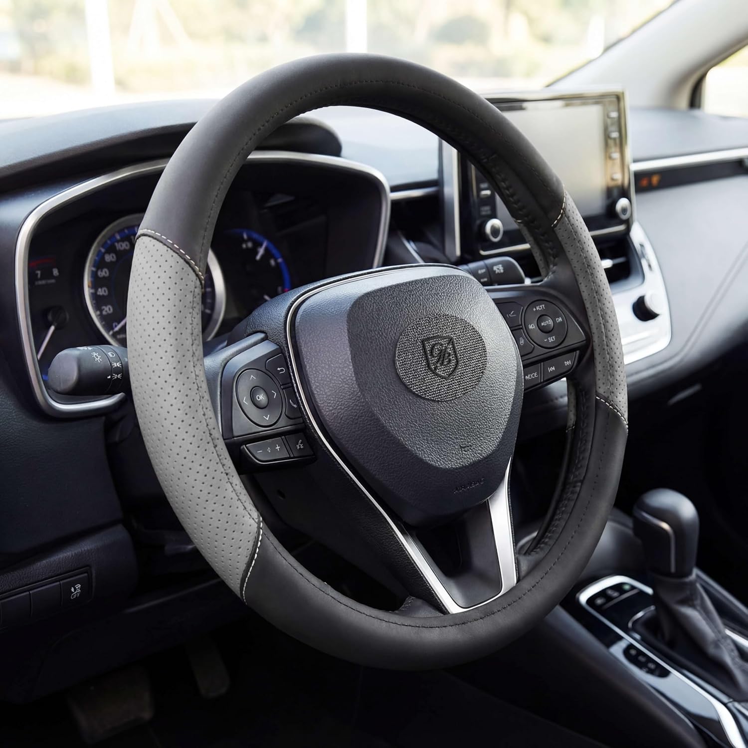 P121 Car Steering Wheel Cover, Breathable Premium Leather & Velucantra Design, Anti-Slip, Universal Fit 14.5-15 inches