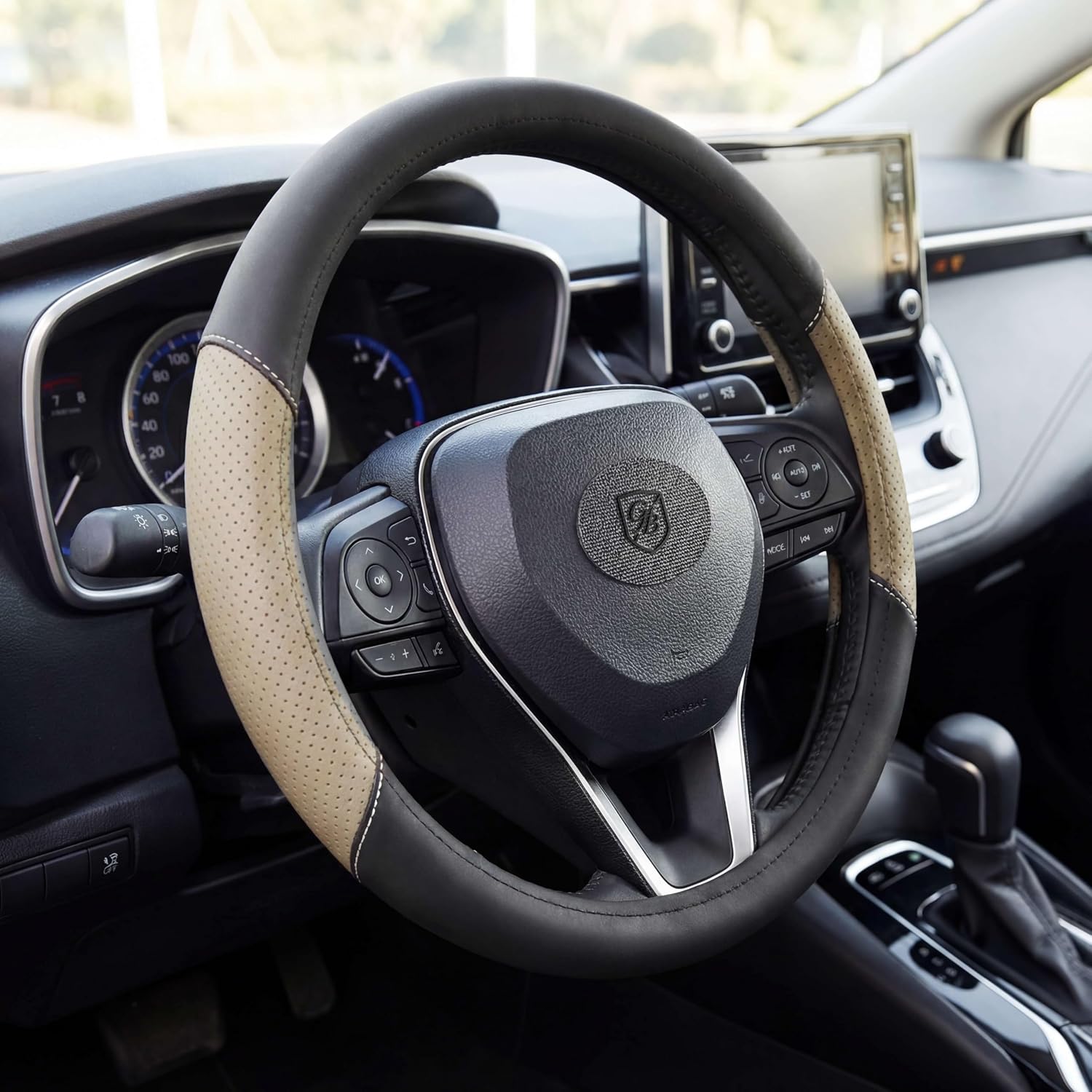 P121 Car Steering Wheel Cover, Breathable Premium Leather & Velucantra Design, Anti-Slip, Universal Fit 14.5-15 inches