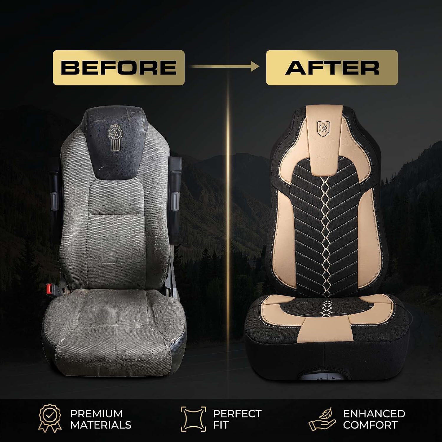 Custom Fit Truck Seat Cover for Kenworth T680, T880, W990, Linen Fabric, Includes Armrest Covers and Assebly Tool