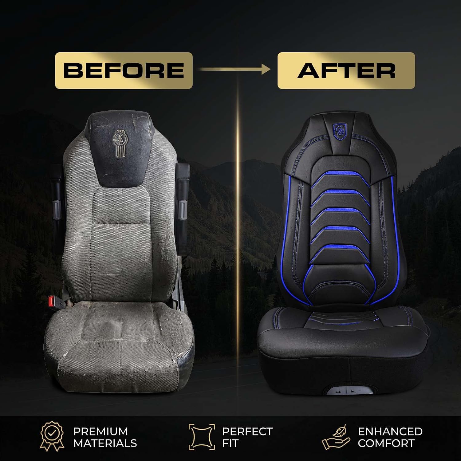 Custom Fit Truck Seat Cover for Kenworth T680, T880, W990, Premium Vinyl Fabric, Includes Armrest Covers and Assebly Tool