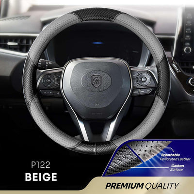 P122 Car Steering Wheel Cover, Breathable Premium Perforated Leather & Carbon Design, Anti-Slip, Universal Fit 14.5-15 inches