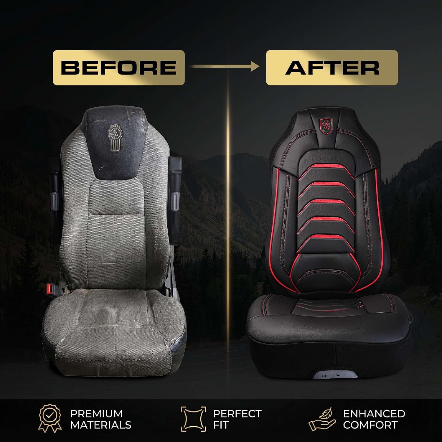 Custom Fit Truck Seat Cover for Kenworth T680, T880, W990, Premium Vinyl Fabric, Includes Armrest Covers and Assebly Tool