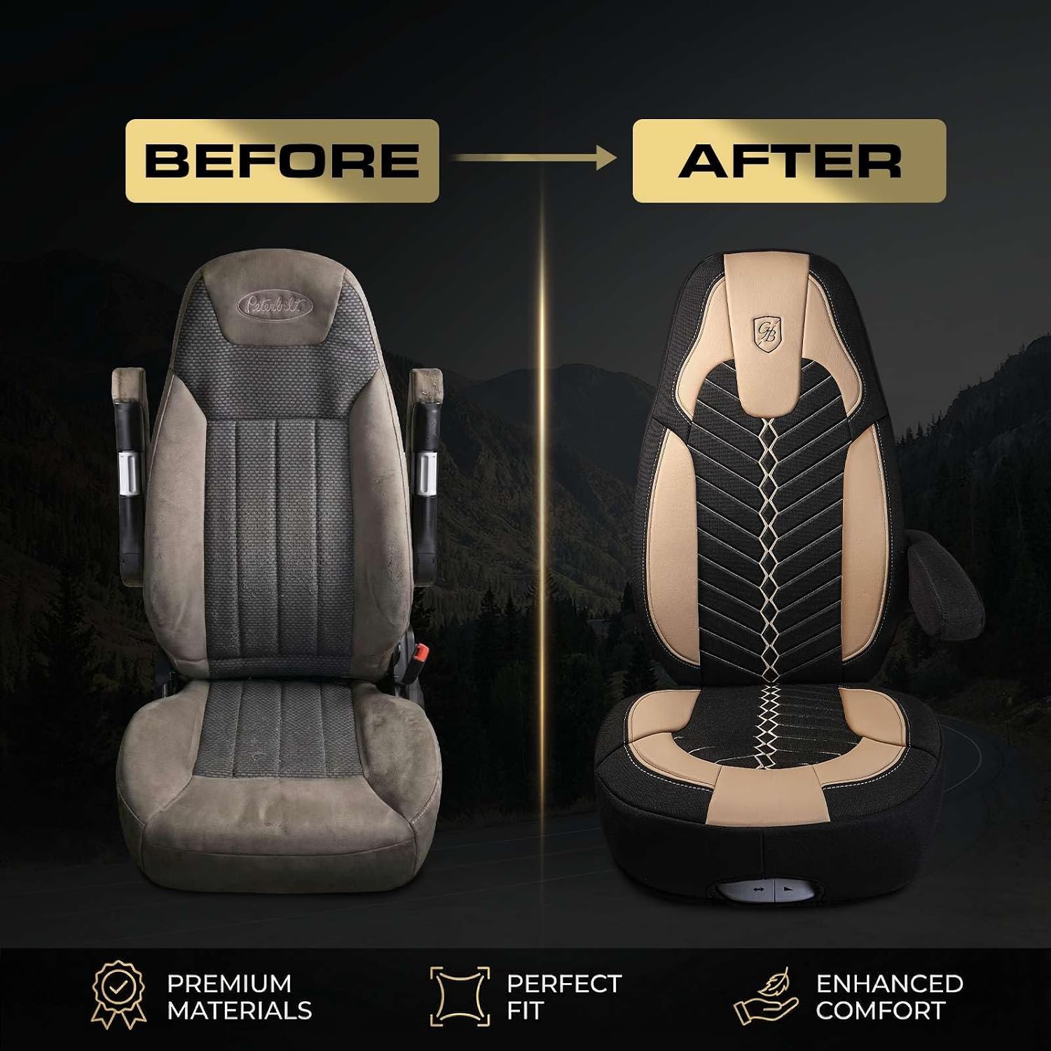 Custom Fit Truck Seat Cover for Peterbilt 579, 567, Linen Fabric, Includes Armrest Covers and Assebly Tool