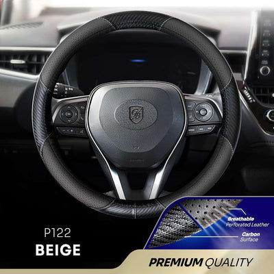 P122 Car Steering Wheel Cover, Breathable Premium Perforated Leather & Carbon Design, Anti-Slip, Universal Fit 14.5-15 inches