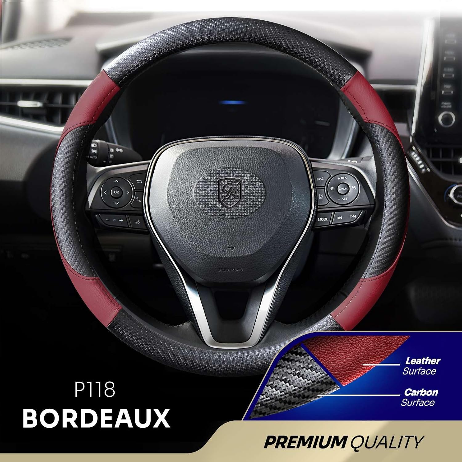 P118 Car Steering Wheel Cover, Breathable Premium Leather & Carbon Design, Anti-Slip, Universal Fit 14.5-15 inches