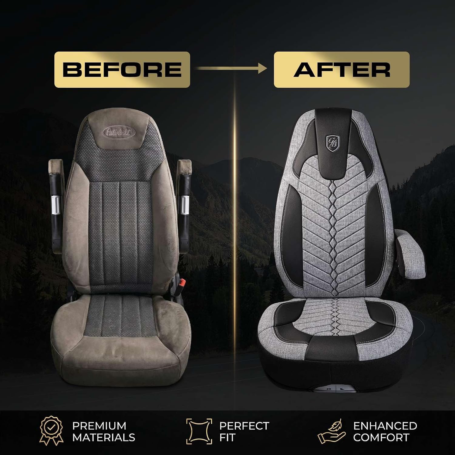 Custom Fit Truck Seat Cover for Peterbilt 579, 567, Linen Fabric, Includes Armrest Covers and Assebly Tool