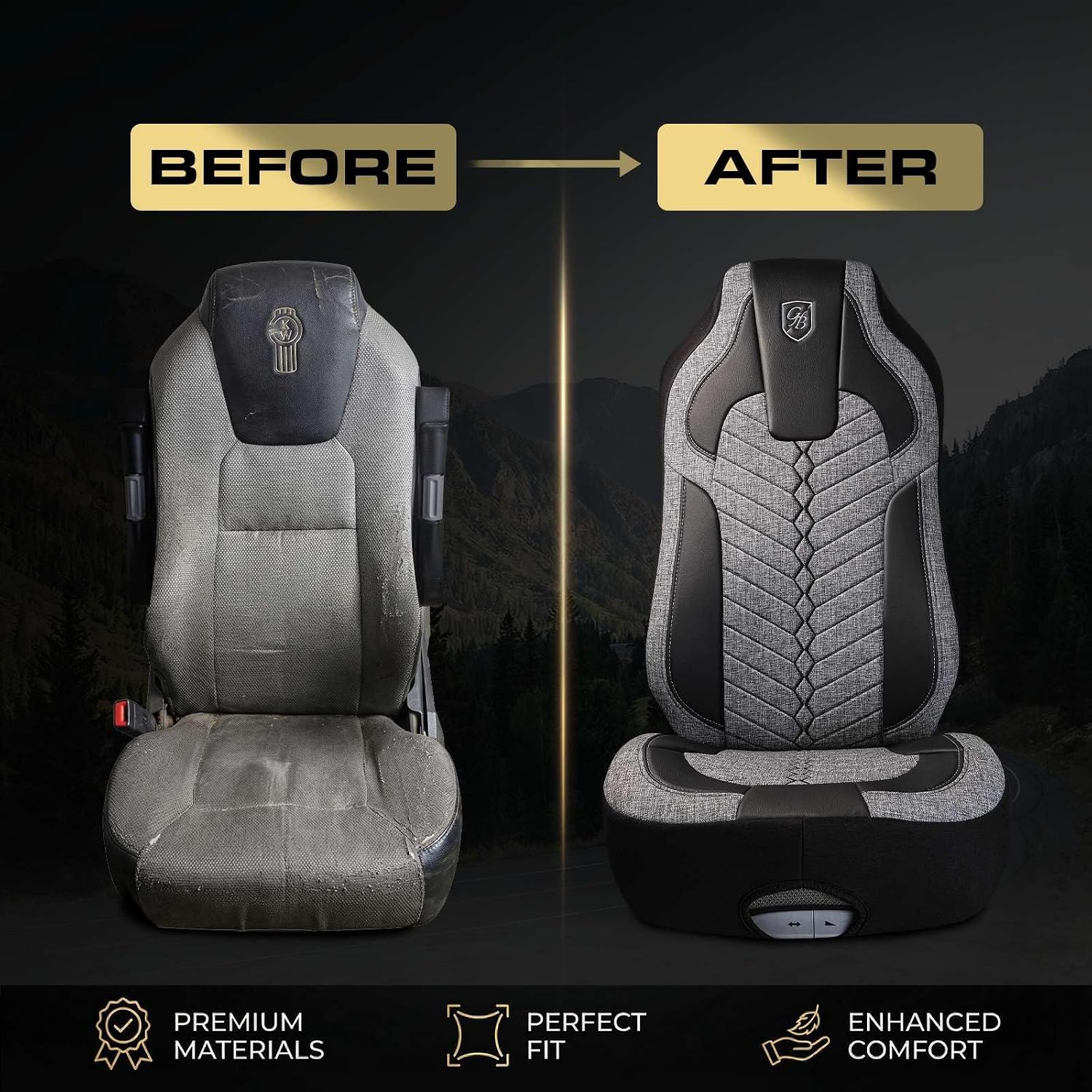 Custom Fit Truck Seat Cover for Kenworth T680, T880, W990, Linen Fabric, Includes Armrest Covers and Assebly Tool