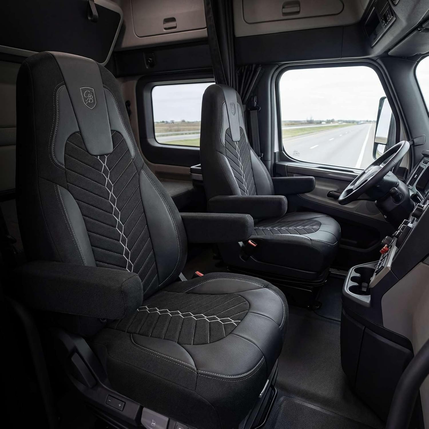 Custom Fit Truck Seat Cover for Cascadia 33”, Linen Fabric, Includes Armrest Covers and Assebly Tool