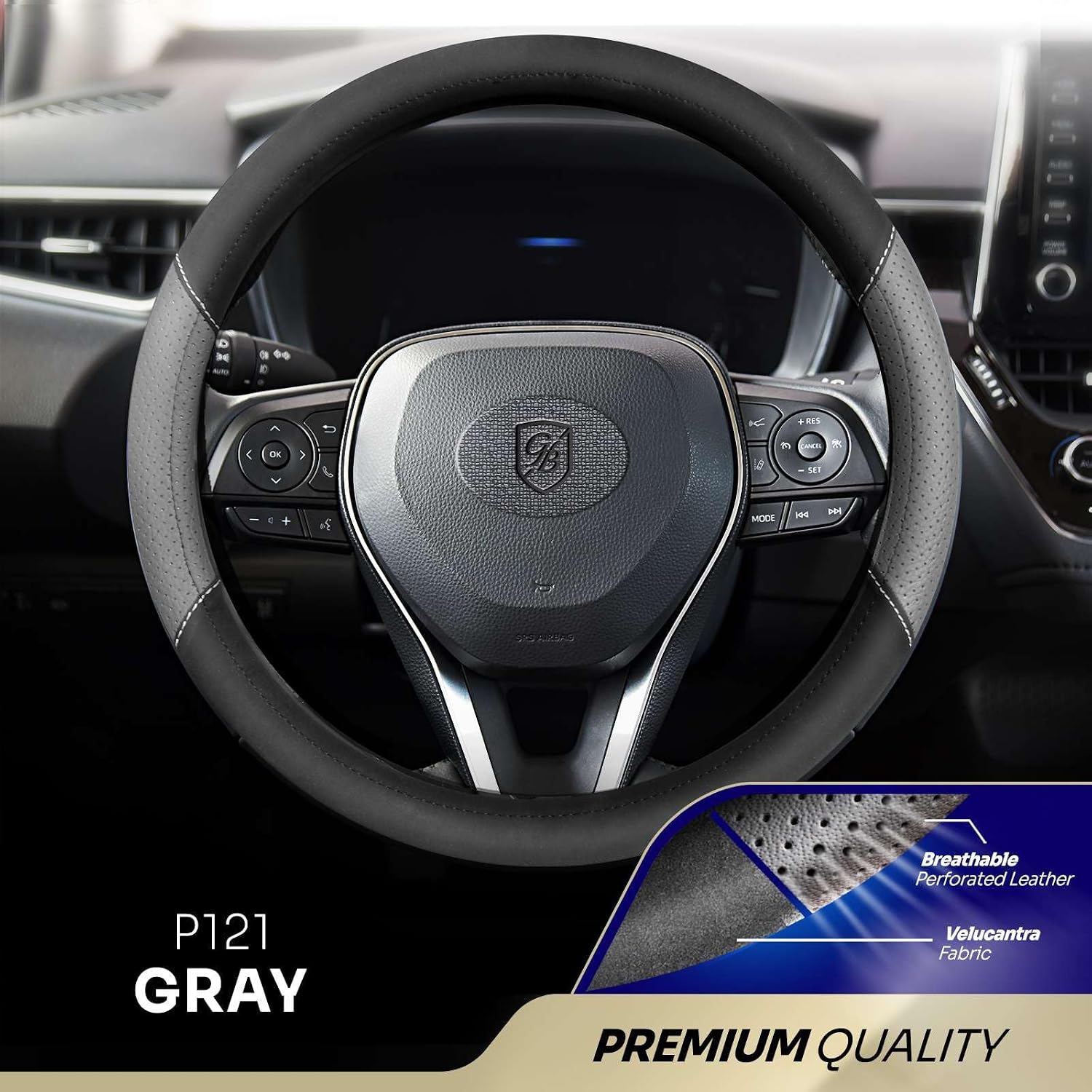 P121 Car Steering Wheel Cover, Breathable Premium Leather & Velucantra Design, Anti-Slip, Universal Fit 14.5-15 inches