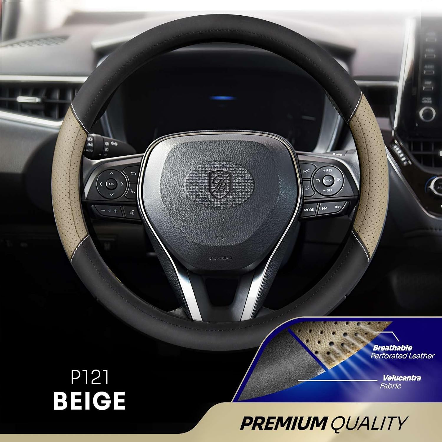 P121 Car Steering Wheel Cover, Breathable Premium Leather & Velucantra Design, Anti-Slip, Universal Fit 14.5-15 inches