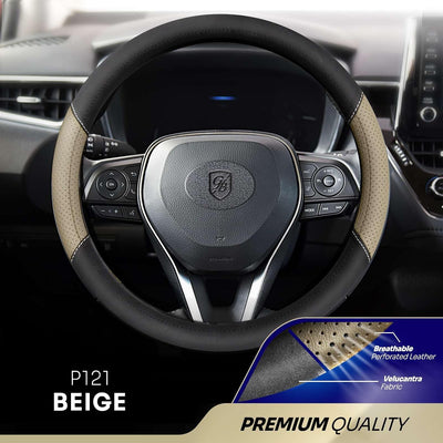 P121 Car Steering Wheel Cover, Breathable Premium Leather & Velucantra Design, Anti-Slip, Universal Fit 14.5-15 inches