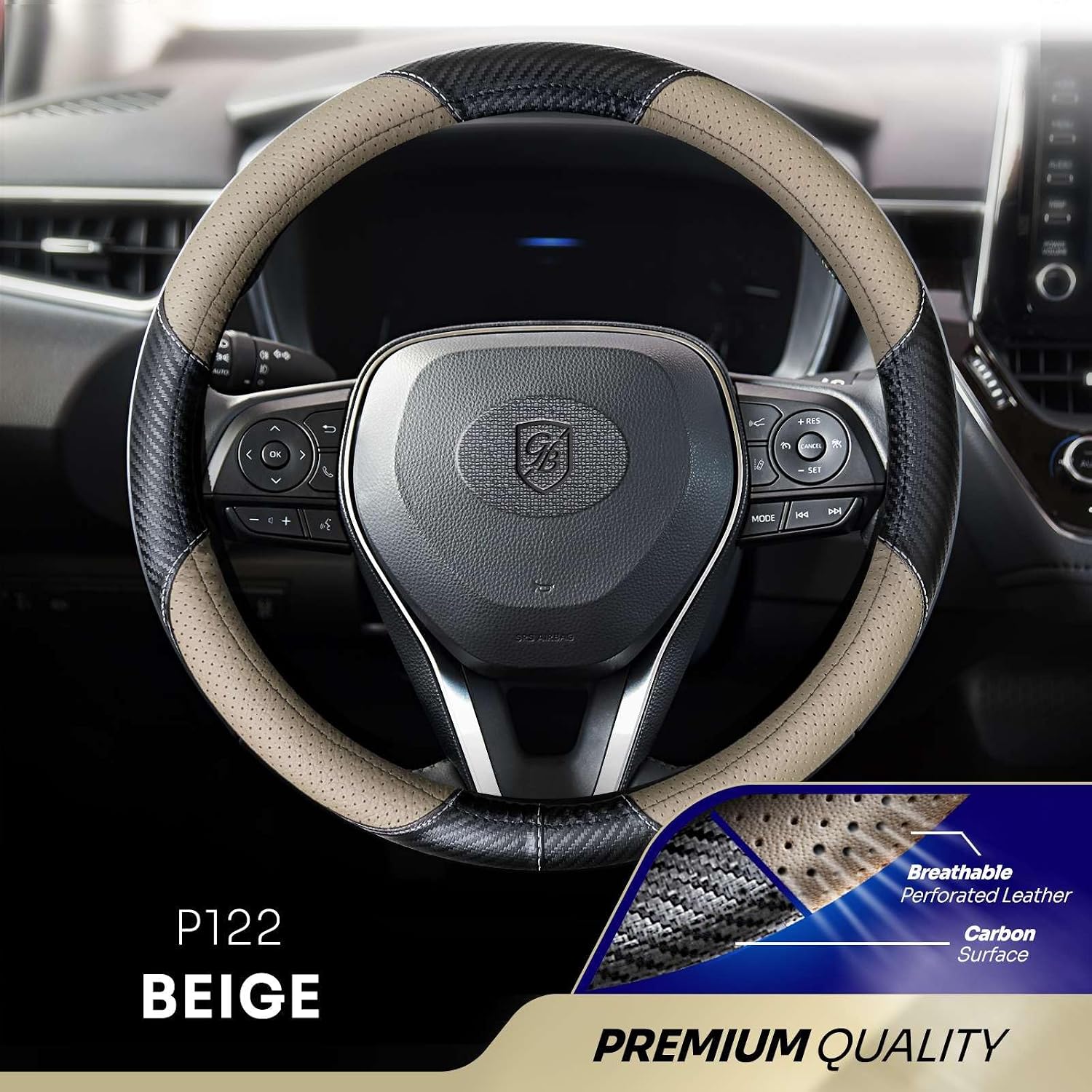 P122 Car Steering Wheel Cover, Breathable Premium Perforated Leather & Carbon Design, Anti-Slip, Universal Fit 14.5-15 inches
