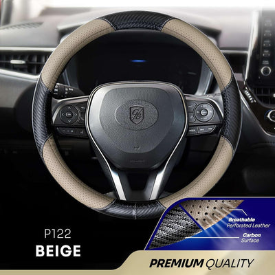 P122 Car Steering Wheel Cover, Breathable Premium Perforated Leather & Carbon Design, Anti-Slip, Universal Fit 14.5-15 inches