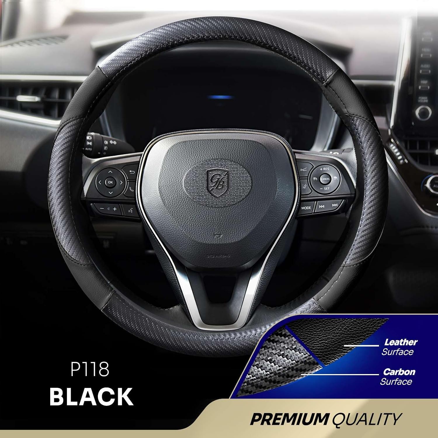 P118 Car Steering Wheel Cover, Breathable Premium Leather & Carbon Design, Anti-Slip, Universal Fit 14.5-15 inches