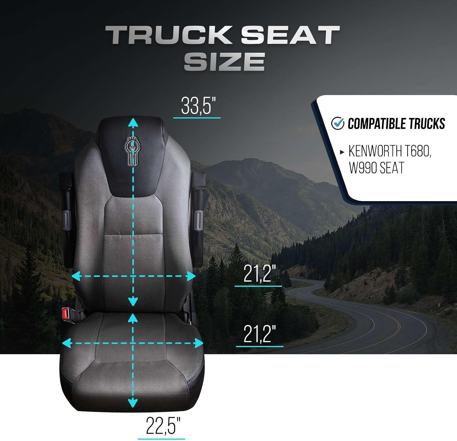 Custom Fit Truck Seat Cover for Kenworth T680, T880, W990, Premium Vinyl Fabric, Includes Armrest Covers and Assebly Tool