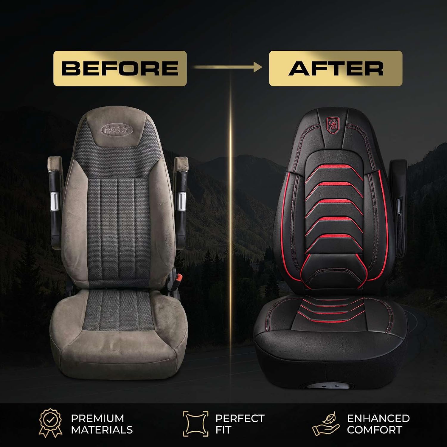 Custom Fit Truck Seat Cover for Peterbilt 579, 567, Premium Vinyl Fabric, Includes Armrest Covers and Assebly Tool