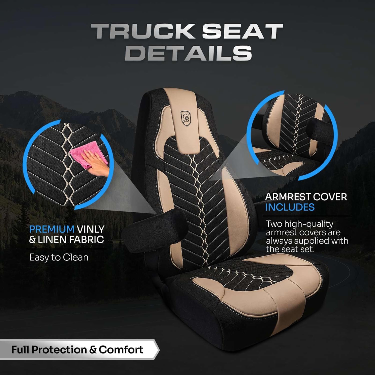 Custom Fit Truck Seat Cover for Cascadia 33”, Linen Fabric, Includes Armrest Covers and Assebly Tool