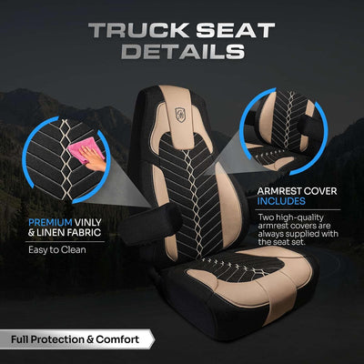 Custom Fit Truck Seat Cover for Cascadia 33”, Linen Fabric, Includes Armrest Covers and Assebly Tool