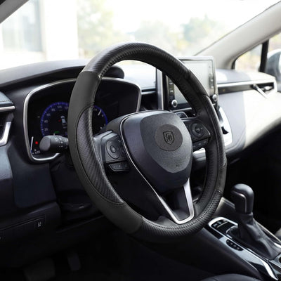 P118 Car Steering Wheel Cover, Breathable Premium Leather & Carbon Design, Anti-Slip, Universal Fit 14.5-15 inches