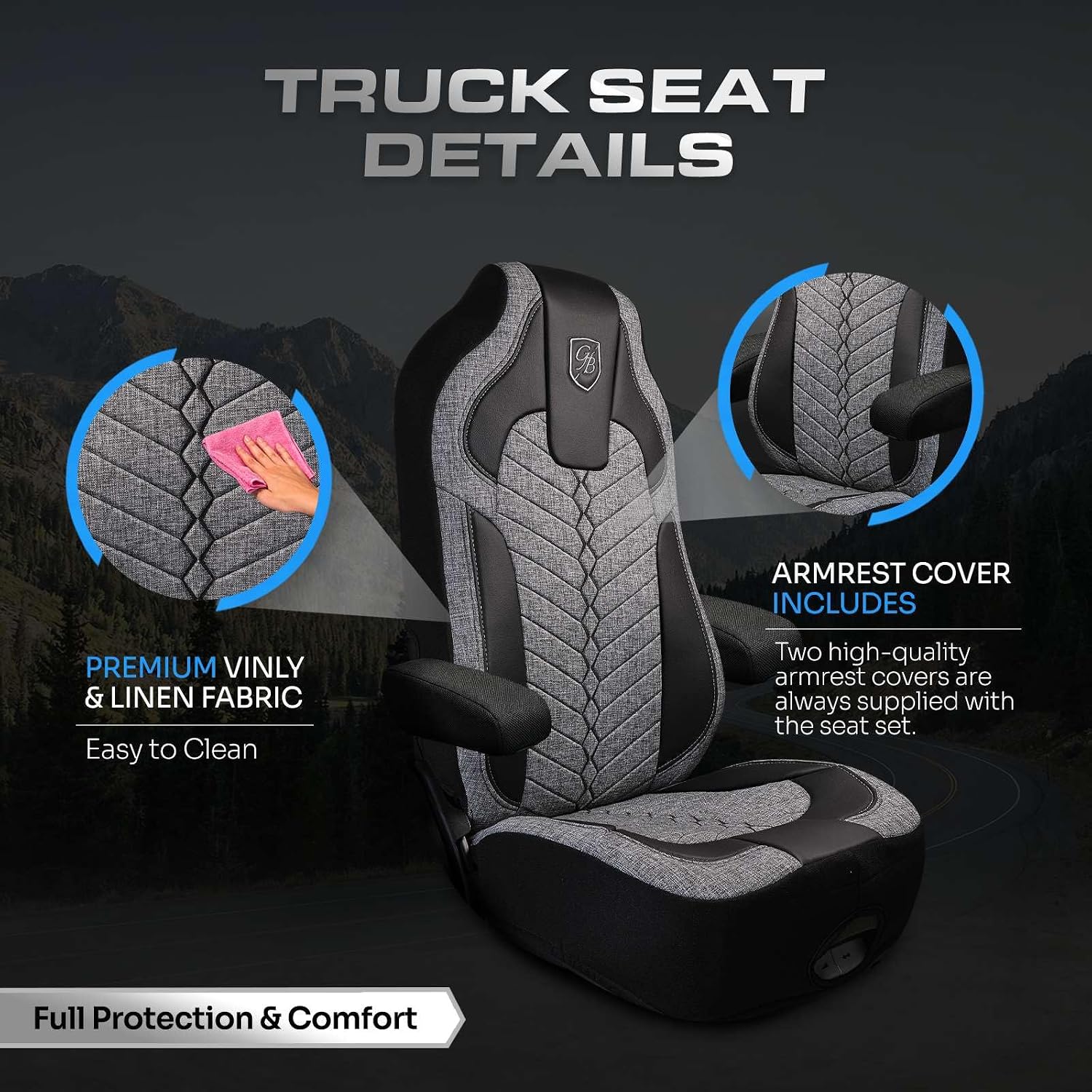 Custom Fit Truck Seat Cover for Kenworth T680, T880, W990, Linen Fabric, Includes Armrest Covers and Assebly Tool