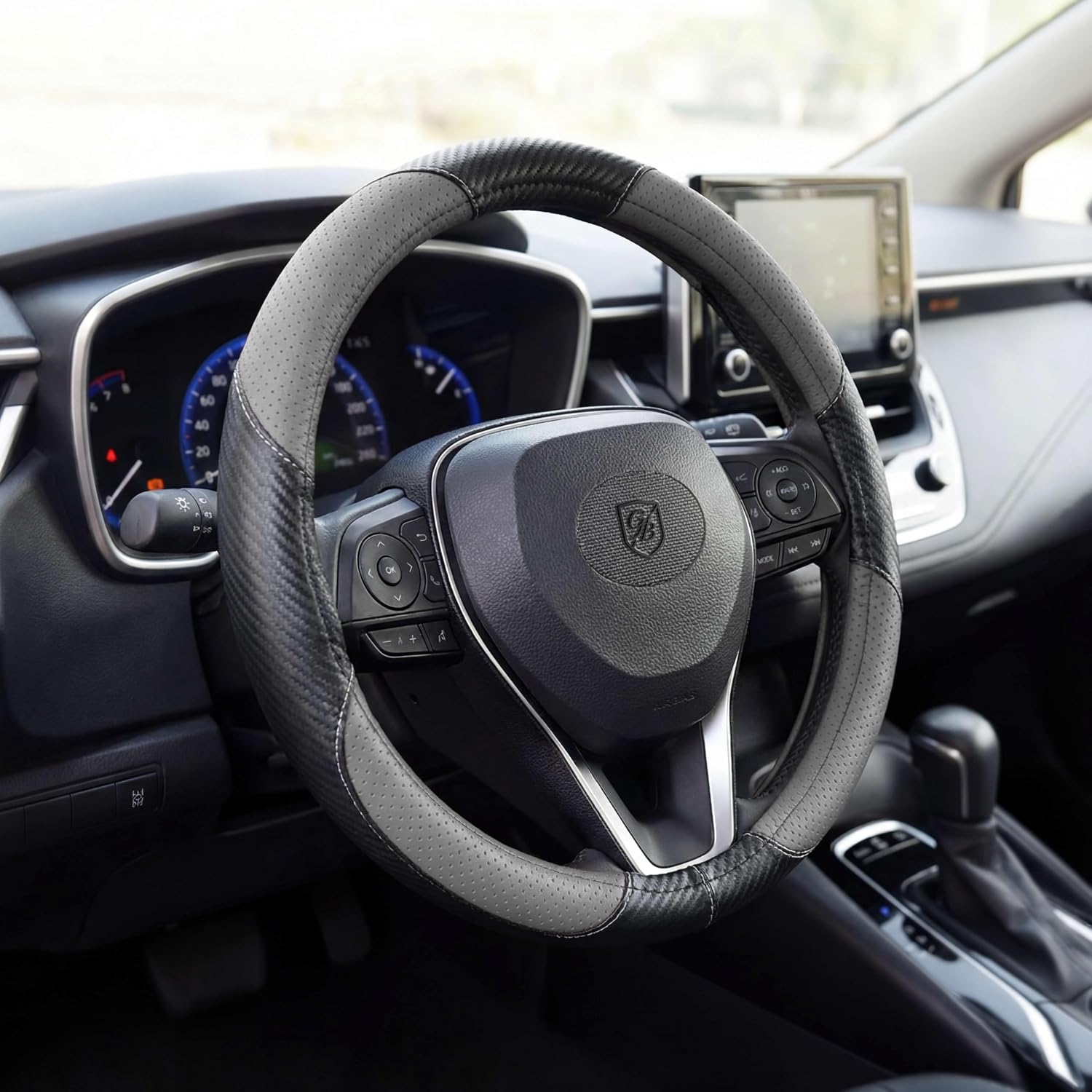 P122 Car Steering Wheel Cover, Breathable Premium Perforated Leather & Carbon Design, Anti-Slip, Universal Fit 14.5-15 inches