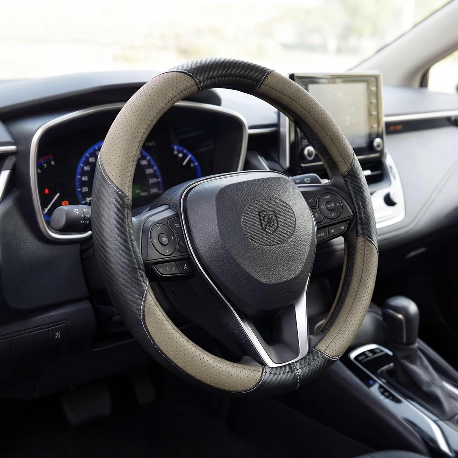 P122 Car Steering Wheel Cover, Breathable Premium Perforated Leather & Carbon Design, Anti-Slip, Universal Fit 14.5-15 inches