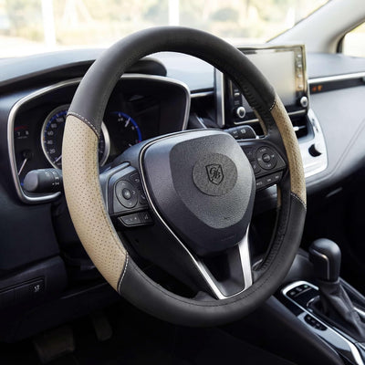 P121 Car Steering Wheel Cover, Breathable Premium Leather & Velucantra Design, Anti-Slip, Universal Fit 14.5-15 inches